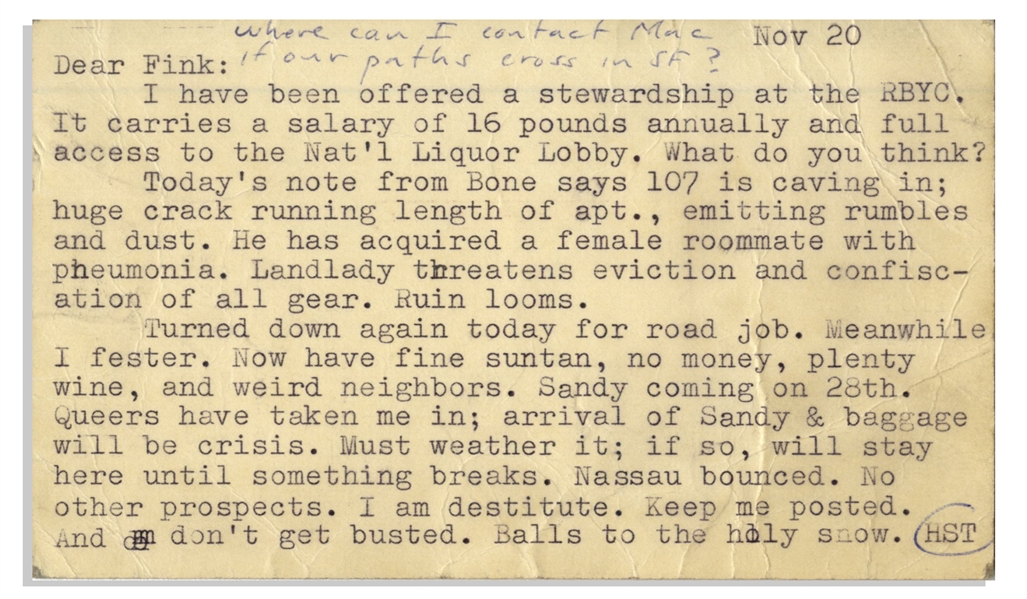 Hunter S. Thompson Postcard From Big Sur, With Handwritten Note -- ...I fester...Queers have taken me in...